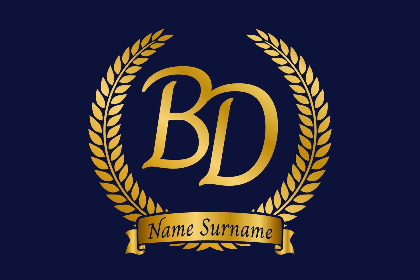 Initial letter B and D, BD monogram logo design with laurel wreath. Luxury golden calligraphy font. vector