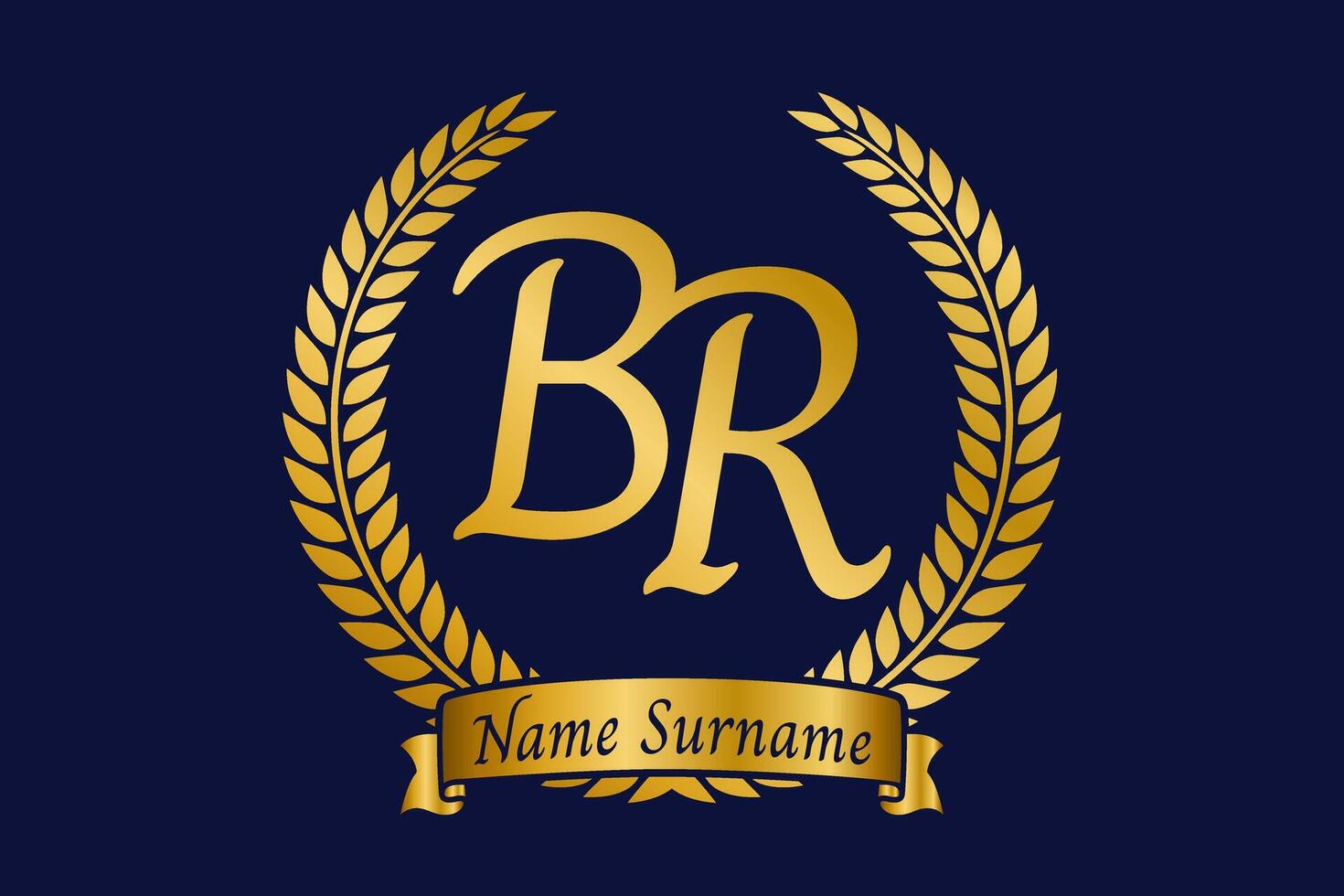 Initial letter B and R, BR monogram logo design with laurel wreath. Luxury golden calligraphy font. vector