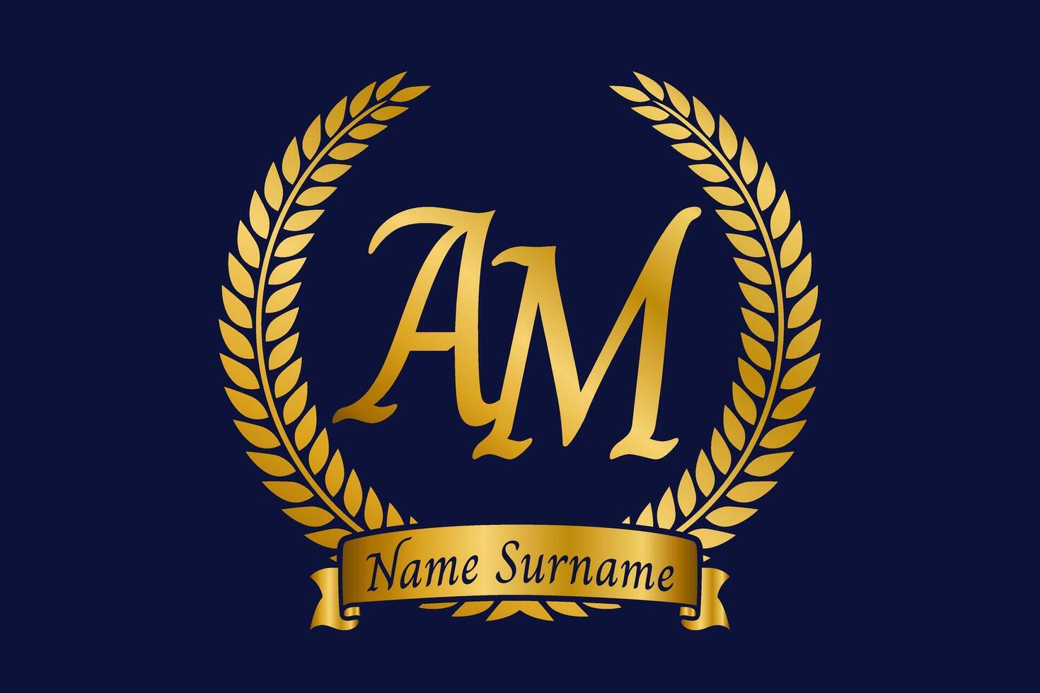 Initial letter A and M, AM monogram logo design with laurel wreath. Luxury golden calligraphy font. vector