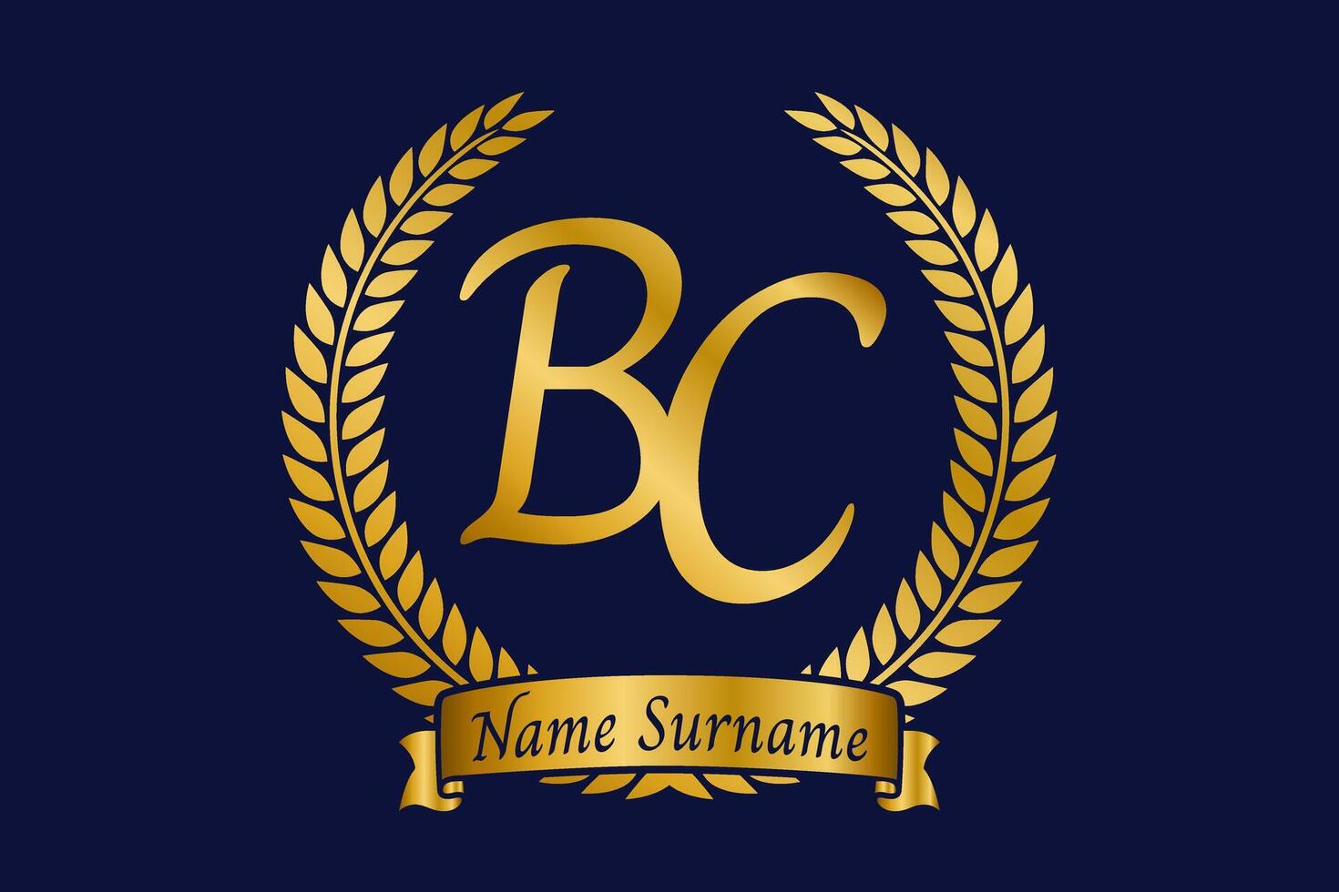Initial letter B and C, BC monogram logo design with laurel wreath. Luxury golden calligraphy font. vector