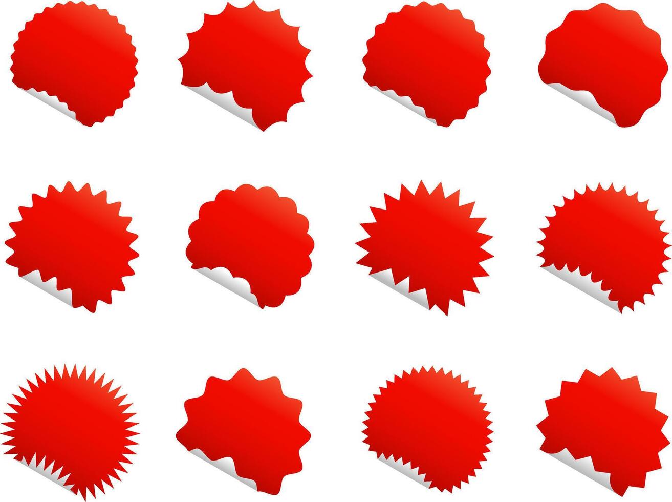 Set of round stickers with curled corner and different edges. Vector illustration