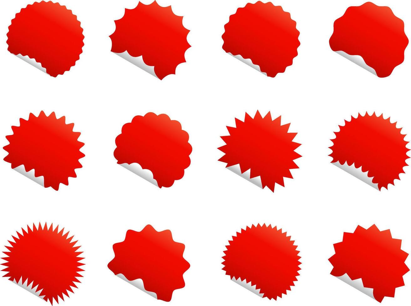 Set of round stickers with curled corner and different edges. Vector illustration