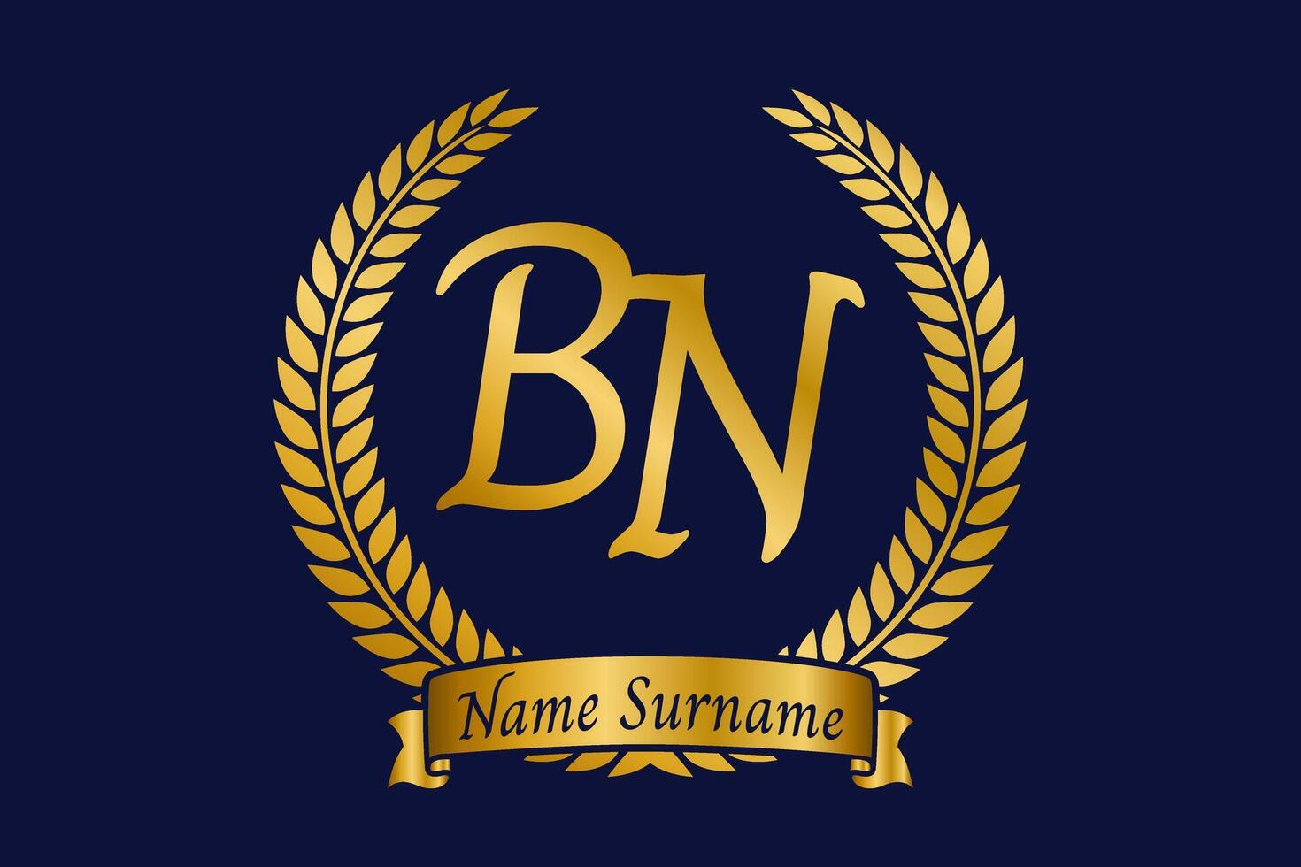 Initial letter B and N, BN monogram logo design with laurel wreath. Luxury golden calligraphy font. vector