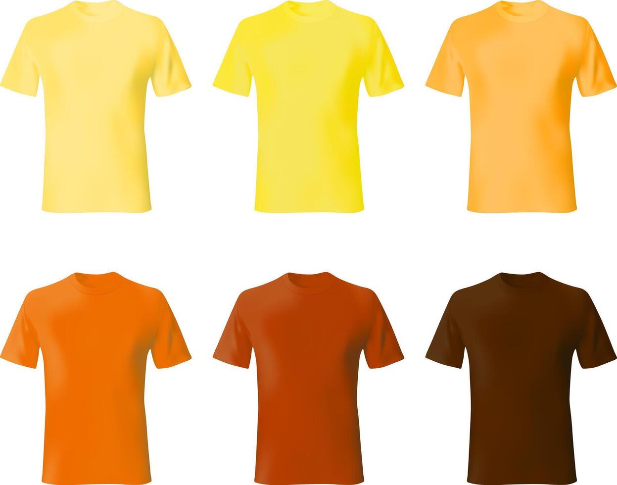 Shirt design template. Set men t shirt yellow, orange, brown color. Realistic mockup shirts model male fashion. vector