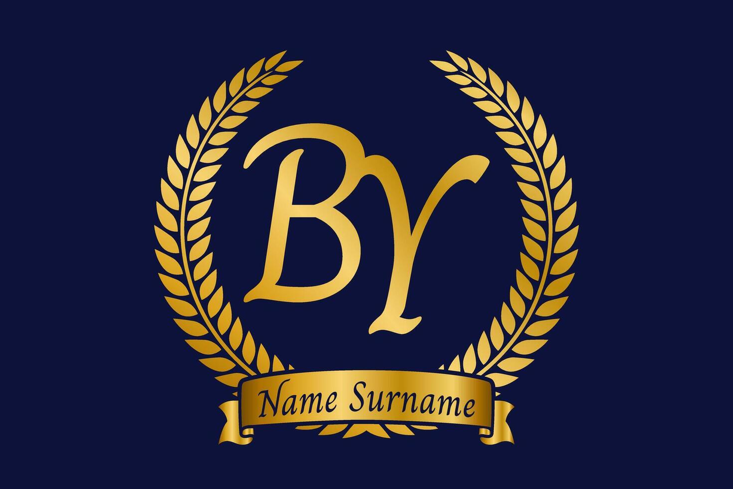 Initial letter B and Y, BY monogram logo design with laurel wreath. Luxury golden calligraphy font. vector