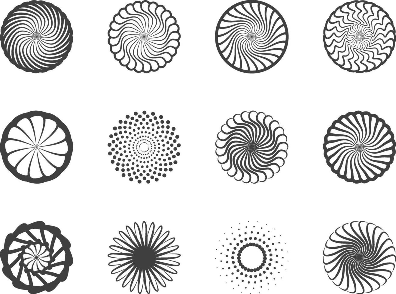 Spiral and swirl motion twisting circles design element set. vector