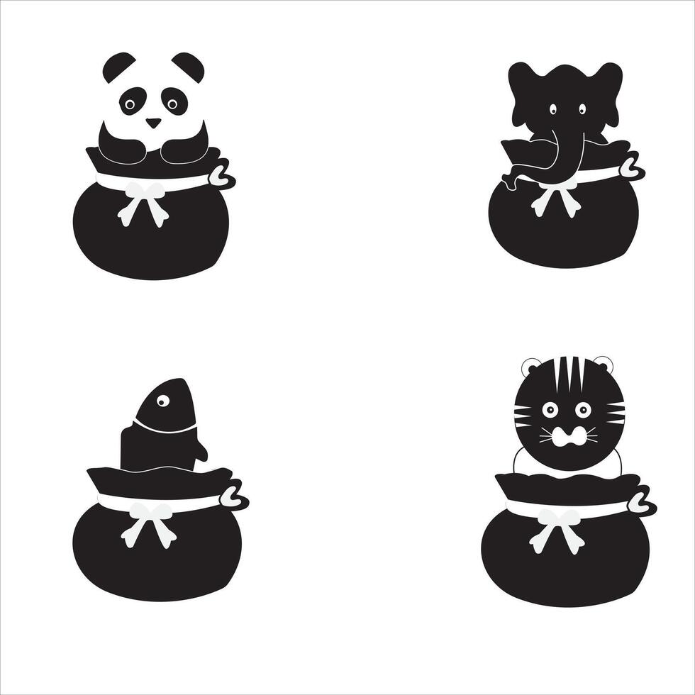 icon set of animals with cute basket, black stickers, animal characters. vector illustration