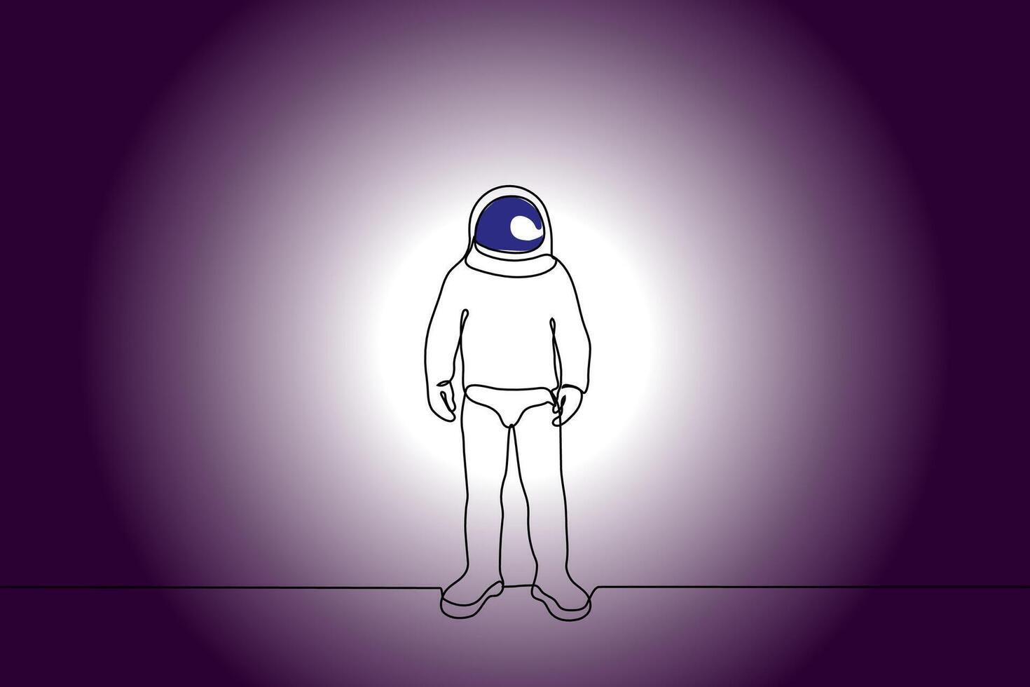 astronaut in a spacesuit alone stands in the dark - one line drawing vector. concept of loneliness of human civilization in space, astronaut day, cosmonautics day vector