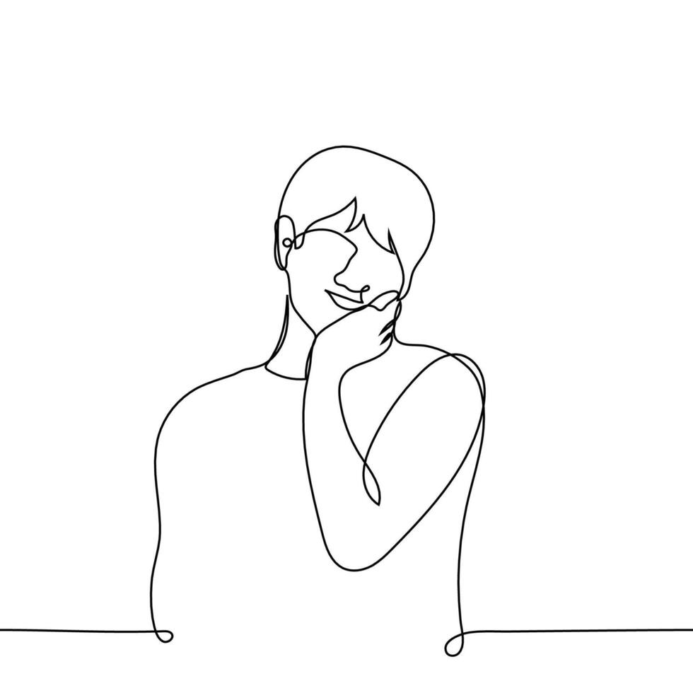 man touches something or tries to be nice - one line drawing vector. concept cuteness vector