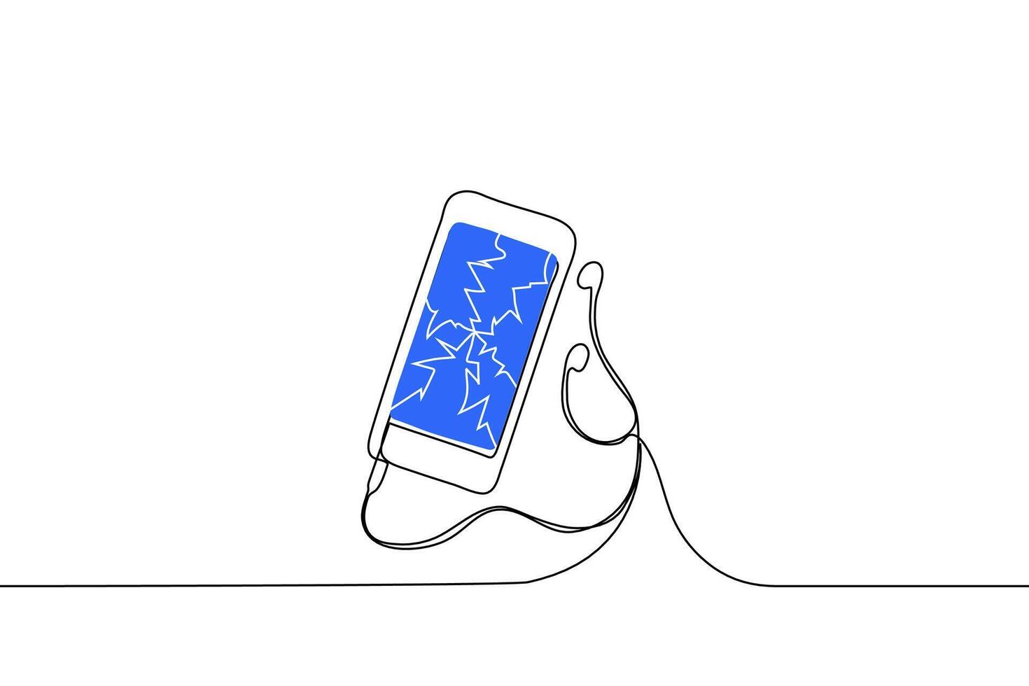 headphones and smartphone with broken screen - one line drawing vector. concept broken phone, smartphone after fall vector