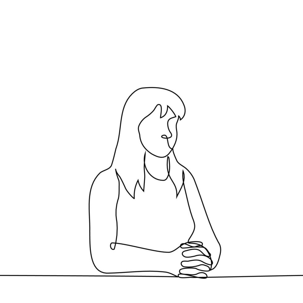 woman sits with a straight back at the table with her hands folded, she listens attentively or observes - one line drawing vector. concept attentive listener or spectator, obedient student vector
