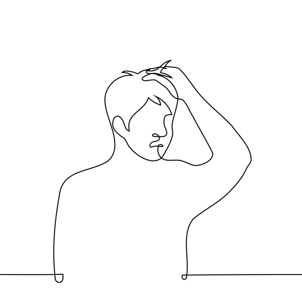 man clutching his head - one line drawing vector. concept shock, confusion, despair vector