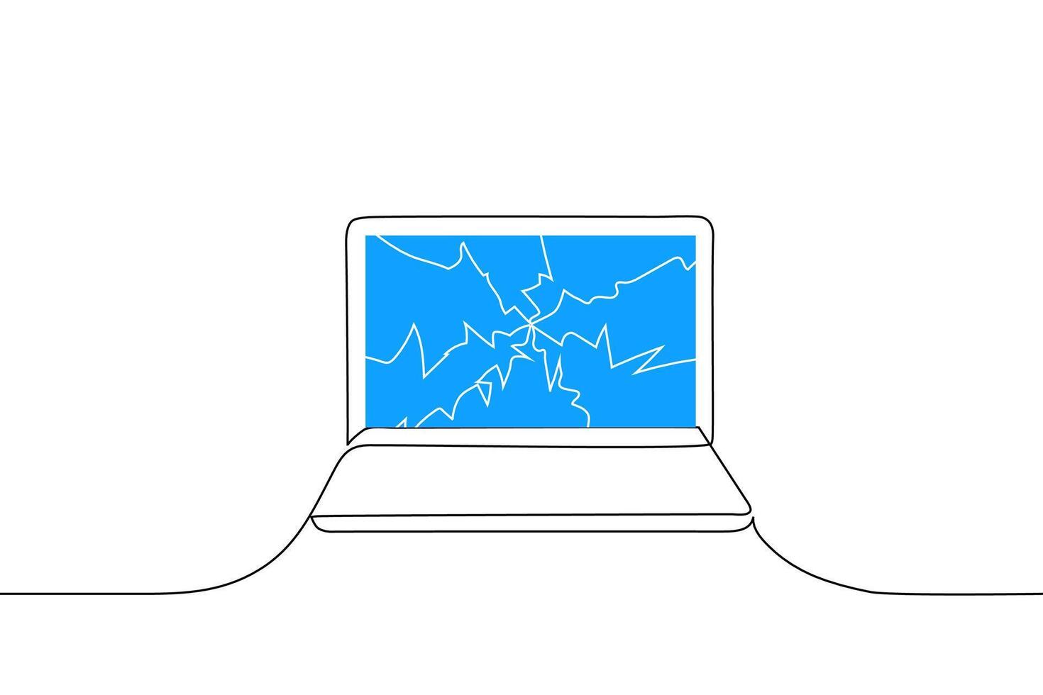 abierto ordenador portátil con roto pantalla - uno línea dibujo vector. ordenador portátil Descompostura concepto vector