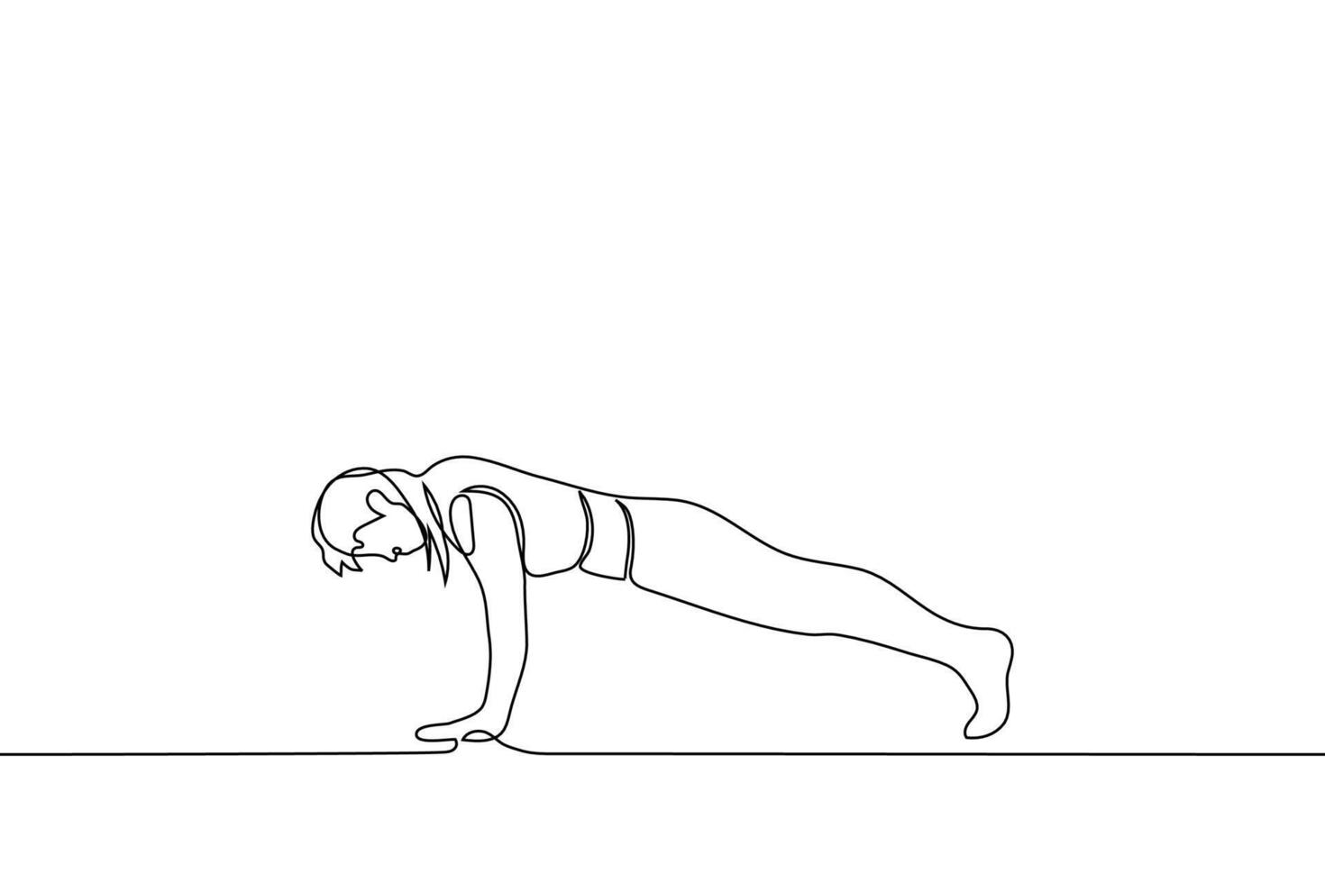 woman in sportswear in plank position or doing push ups lying down - one line drawing vector. concept physical training, exercise, workout vector