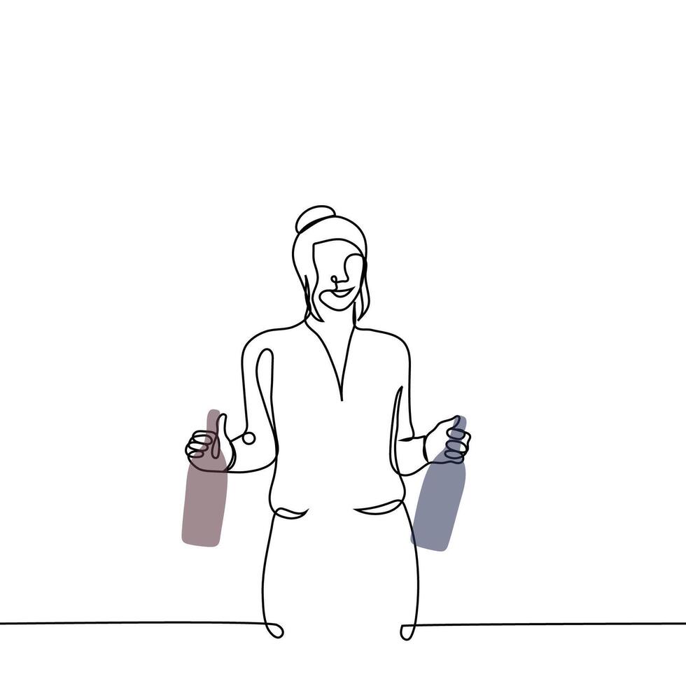 mujer soportes participación botellas de vino en su manos - uno línea dibujo vector. concepto un mujer ofertas vino, un vendedor en un vino almacenar, un hembra sumiller, un vino amante vector