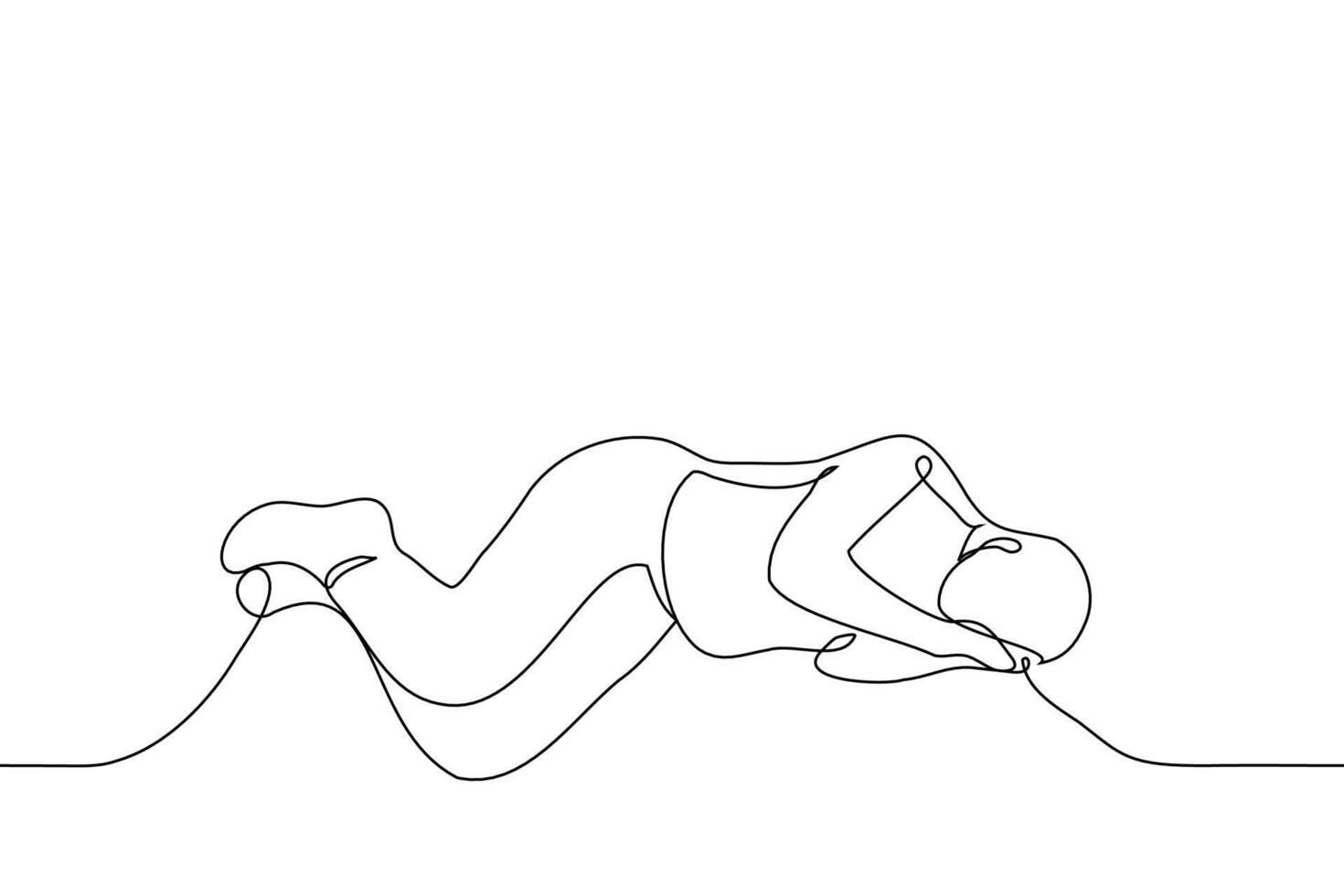 man lying on the floor or ground using his own hands instead of a pillow - one line drawing vector. concept homeless, sleeping on the street vector