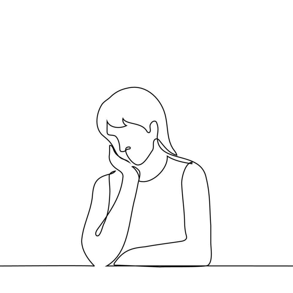mujer se sienta a un mesa o por un ventana con su cabeza ligeramente bajado cuales descansa en su palma - uno línea dibujo vector. concepto ella es triste, soñador, tiene un dolor de cabeza o es cansado vector