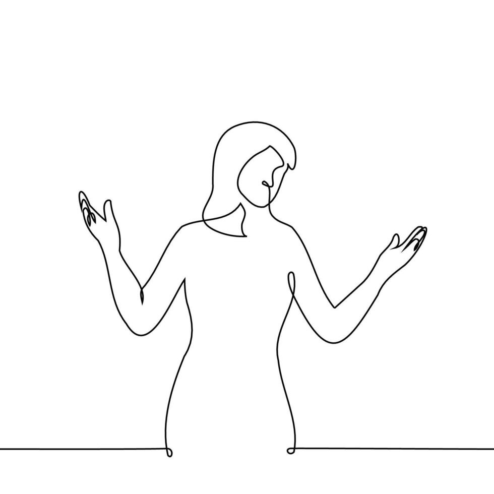 woman raised and spread her hands to the side with her head tilted - one line drawing vector. concept bewilderment, speechless, embarrassed, make a helpless gesture vector