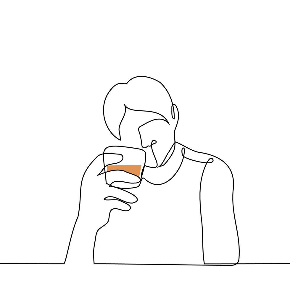 a man looks at a glass of whiskey or offers a drink by raising the drink to eye level - one line drawing vector. concept offer to clink glasses, look at you, check your drink, drink alone vector