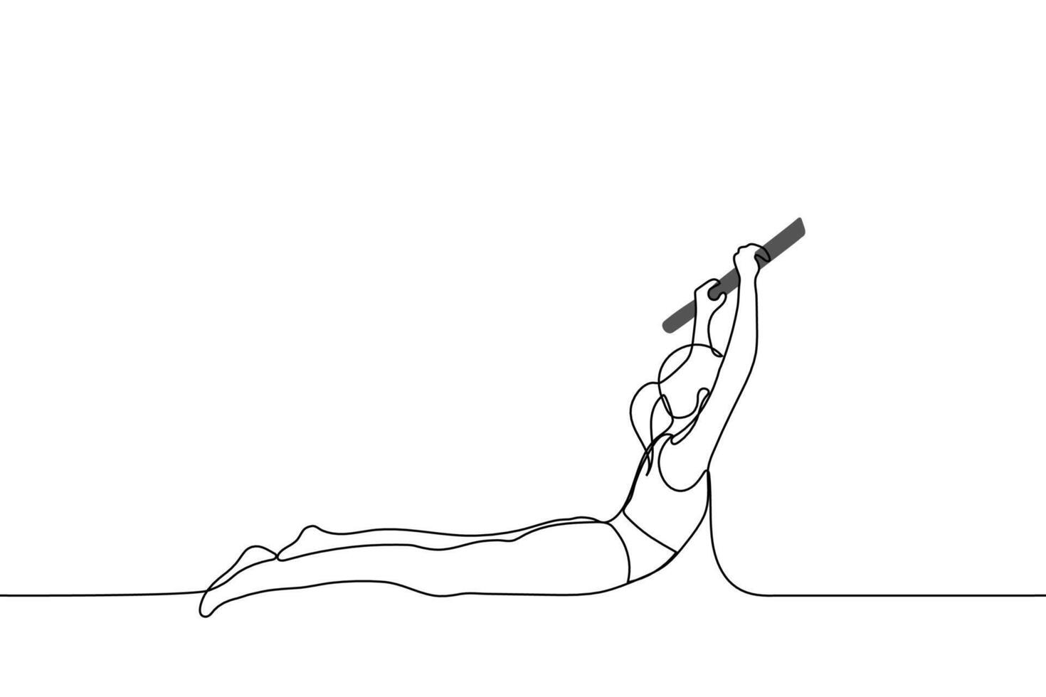 young woman doing stretching on the simulator - one line drawing vector. concept of slender woman is training lying on the floor with her stomach down, her hands raise her torso vector