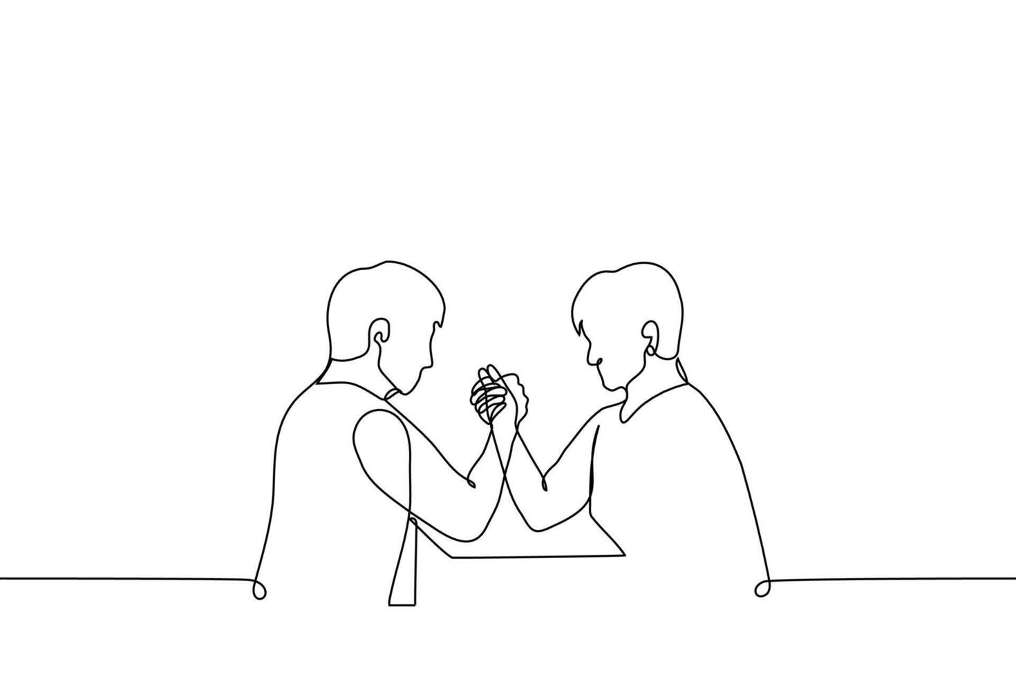 two men are sitting and engaged in arm wrestling - one line drawing vector. competition concept, strength comparison, training vector