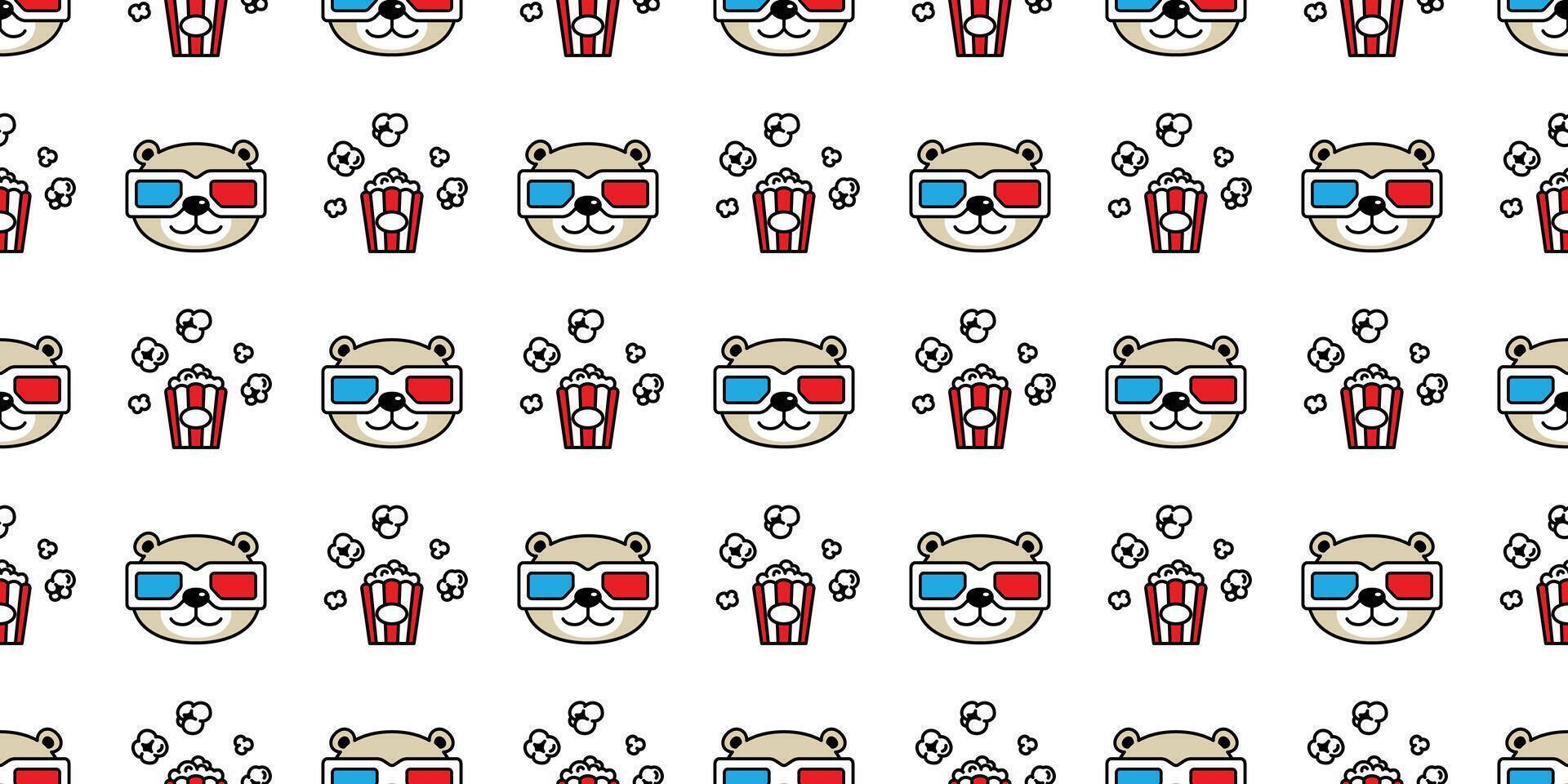 Bear seamless pattern polar bear popcorn vector movie 3d glasses cinema teddy cartoon scarf isolated tile background repeat wallpaper illustration doodle design