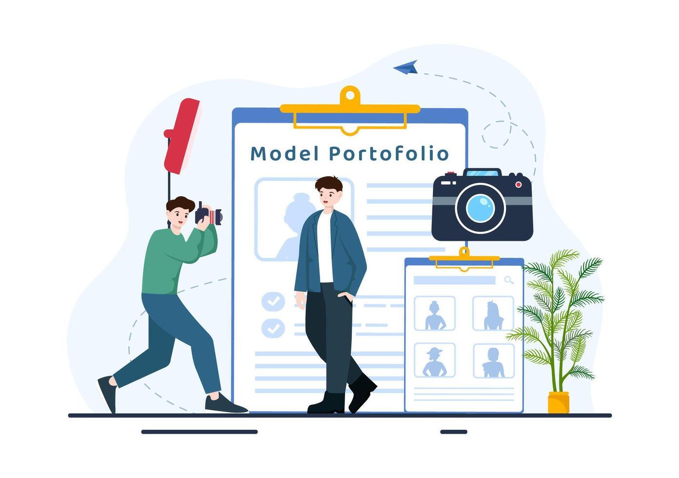 Model Portfolio Vector Illustration with Modeling Agency Manager and Photographer take Photos of Model in Platform Flat Cartoon Background Design