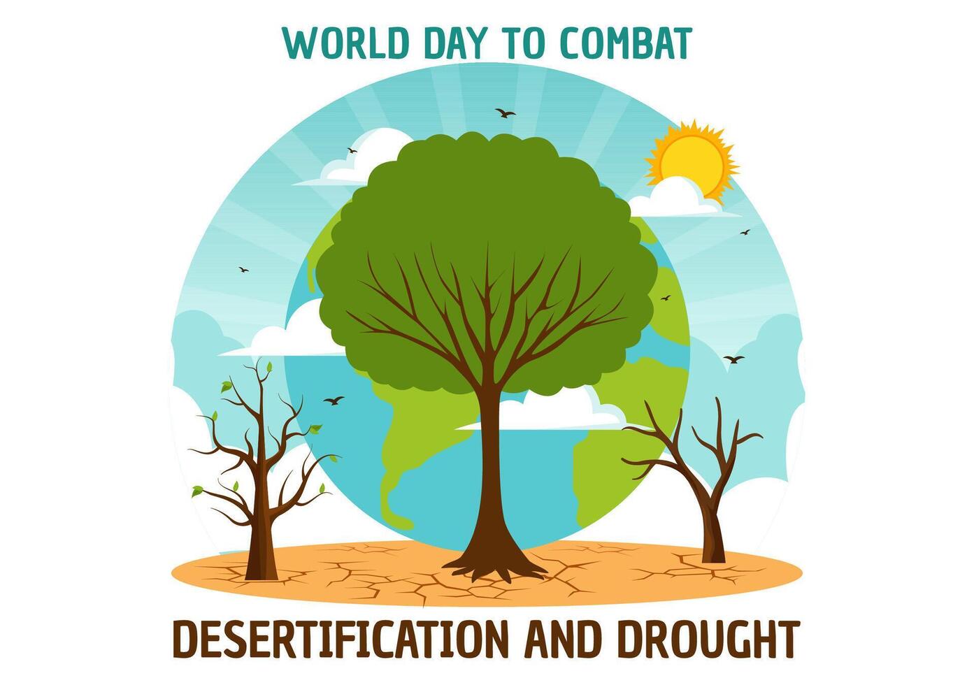 mundo día a combate desertificación y sequía vector ilustración con torneado el Desierto dentro fértil tierra y pastos en naturaleza plano antecedentes