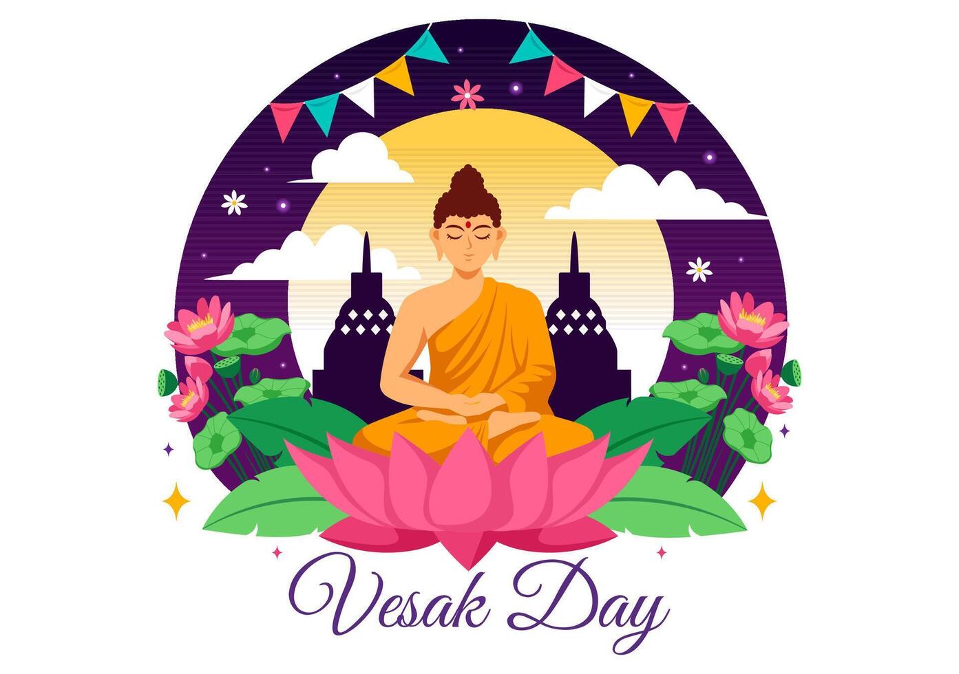 vesak día celebracion vector ilustración con templo silueta, loto flor, linterna o Buda persona en fiesta plano dibujos animados antecedentes