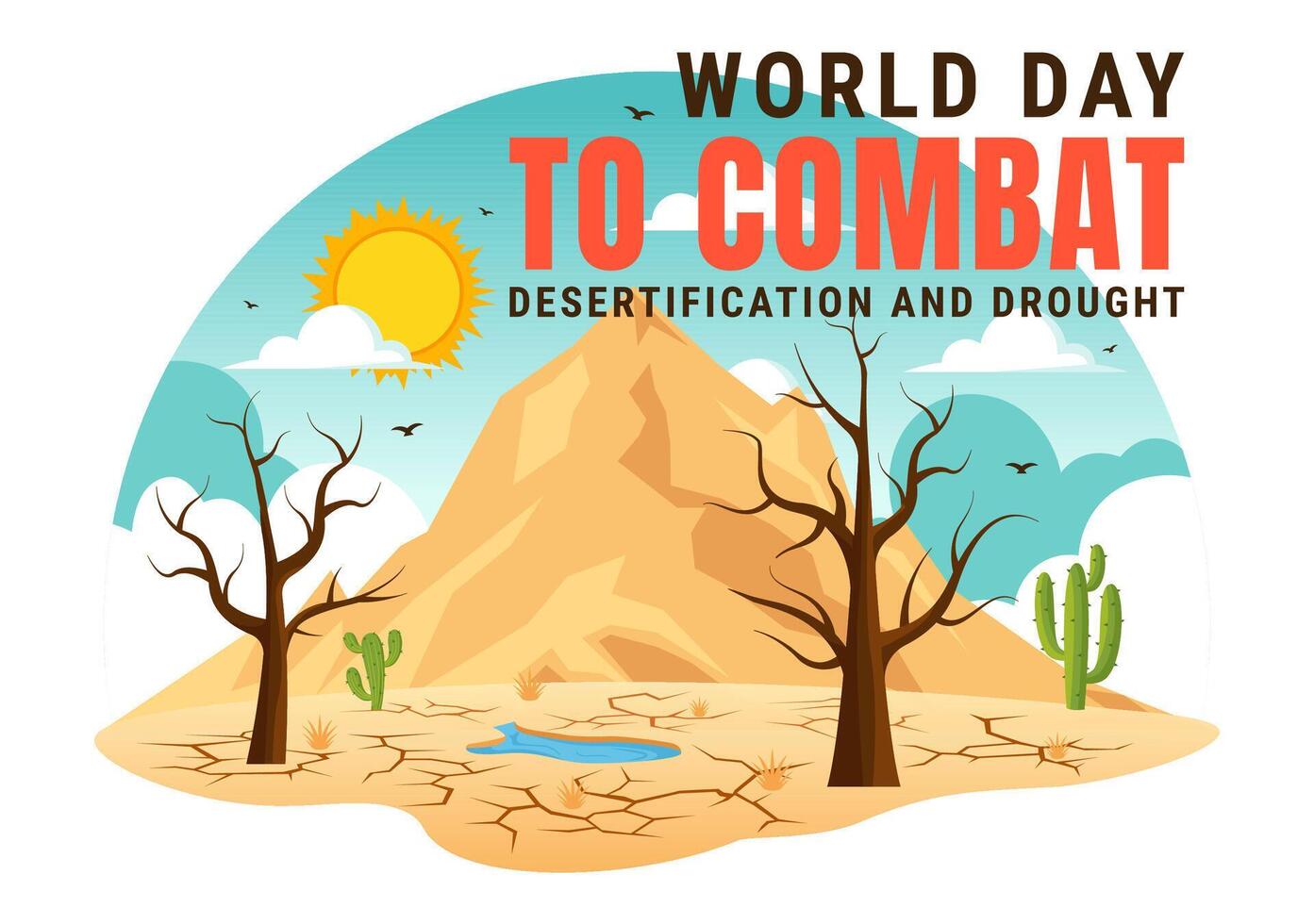 mundo día a combate desertificación y sequía vector ilustración con torneado el Desierto dentro fértil tierra y pastos en naturaleza plano antecedentes