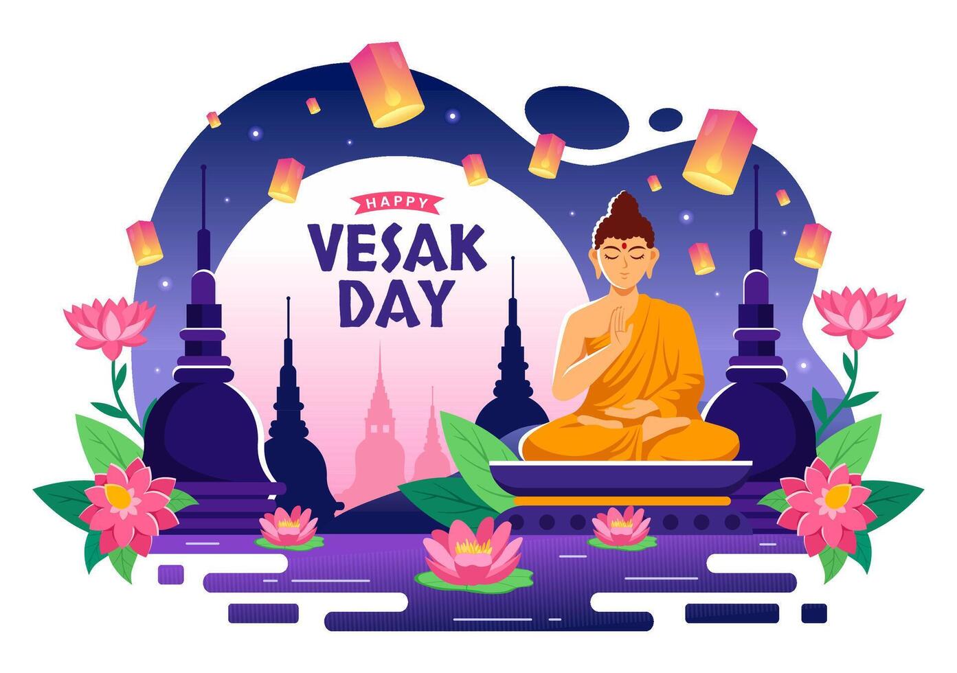 Vesak Day Celebration Vector Illustration with Temple Silhouette, Lotus Flower, Lantern or Buddha Person in Holiday Flat Cartoon Background