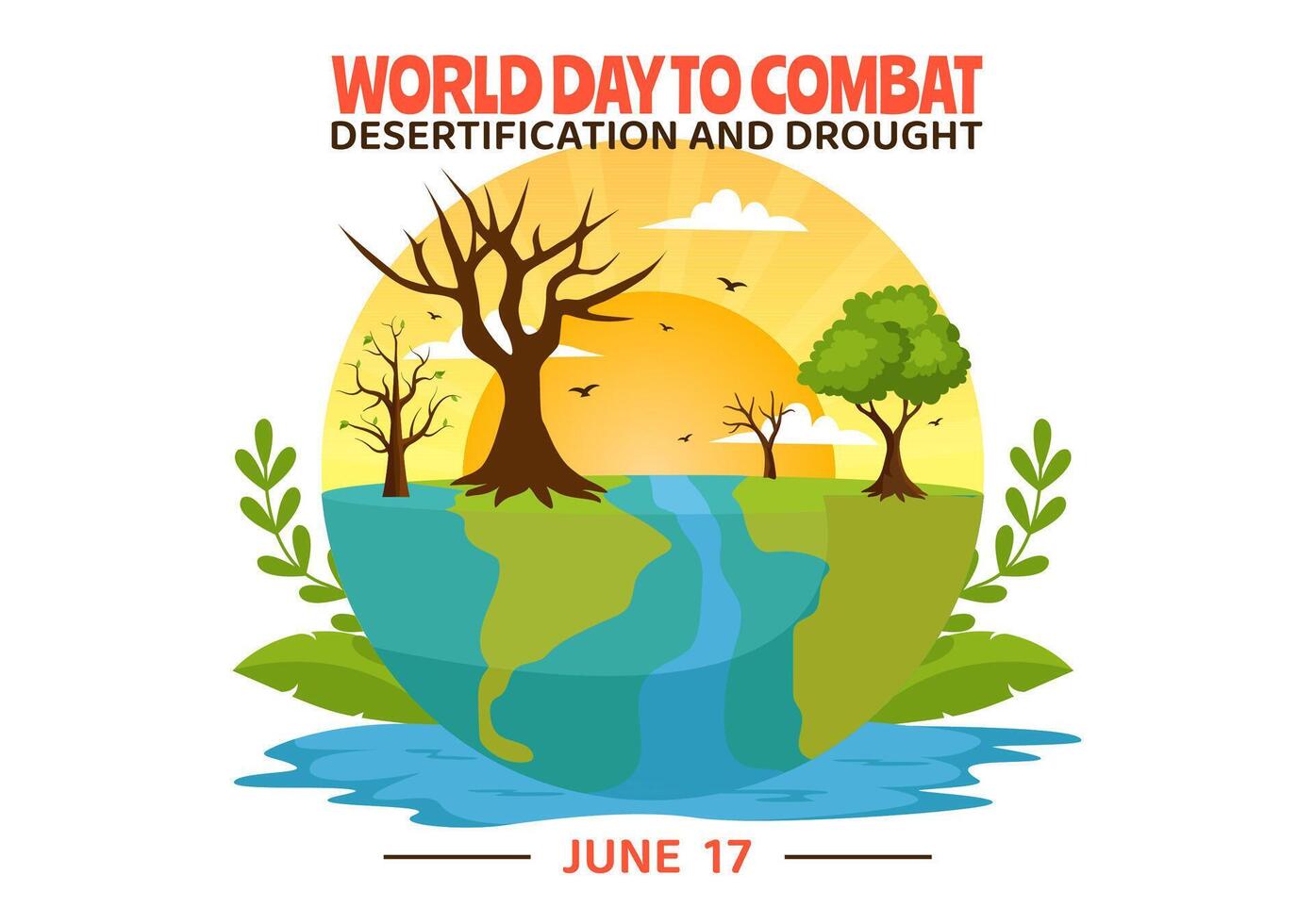 mundo día a combate desertificación y sequía vector ilustración con torneado el Desierto dentro fértil tierra y pastos en naturaleza plano antecedentes