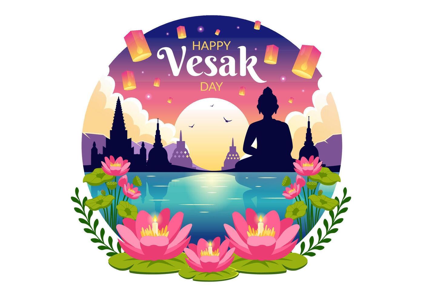 vesak día celebracion vector ilustración con templo silueta, loto flor, linterna o Buda persona en fiesta plano dibujos animados antecedentes