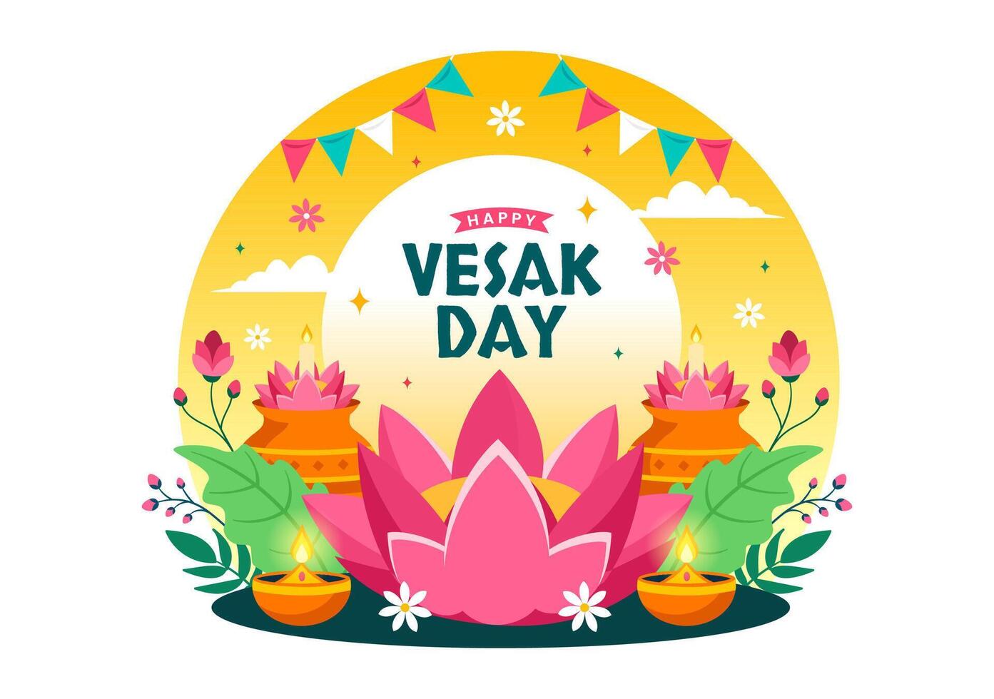 vesak día celebracion vector ilustración con templo silueta, loto flor, linterna o Buda persona en fiesta plano dibujos animados antecedentes