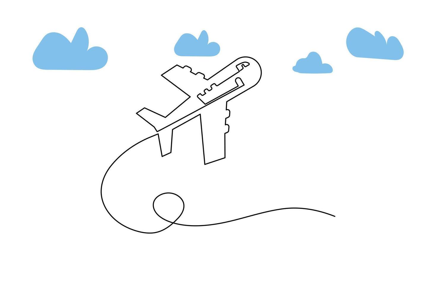Continuous single-line airplane path on the clouds. And one-line world travel flight airline outline icon art vector