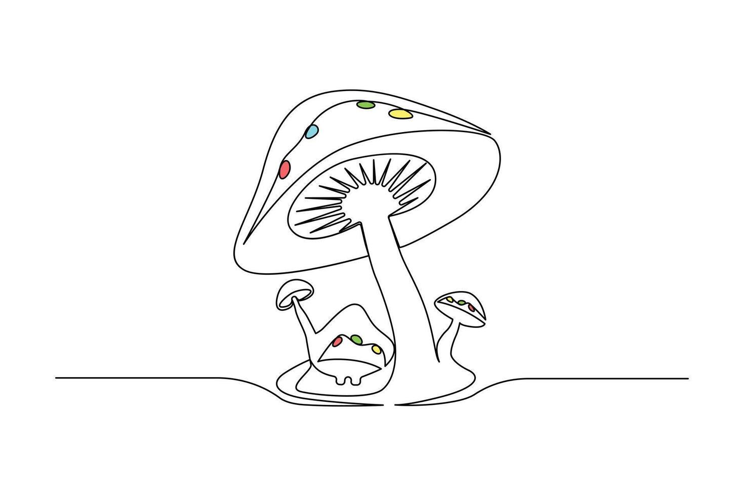 Continuous one-line sepia magic mushroom and outline vector art illustration