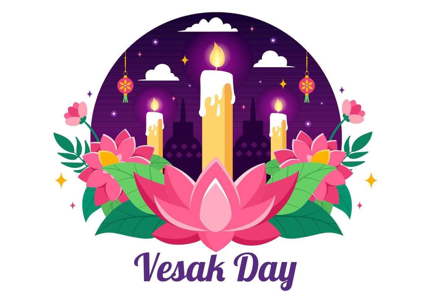 Vesak Day Celebration Vector Illustration with Temple Silhouette, Lotus Flower, Lantern or Buddha Person in Holiday Flat Cartoon Background