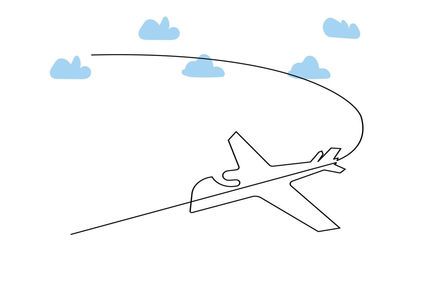 Continuous single-line airplane path on the clouds. And one-line world travel flight airline outline icon art vector