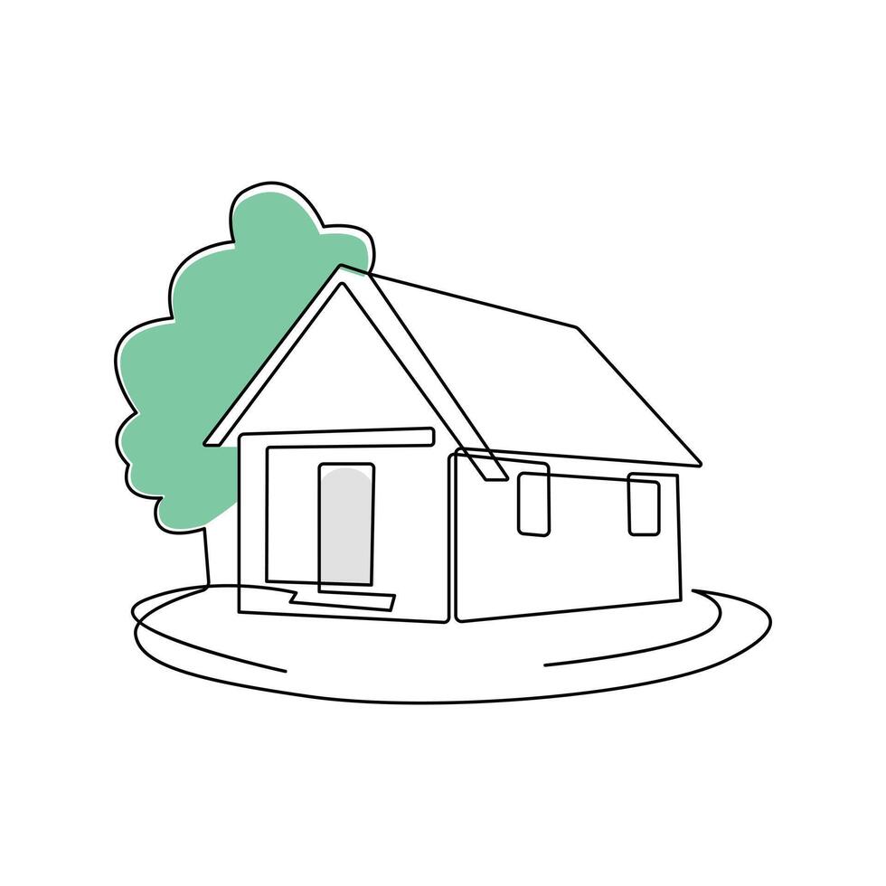 One-line continuous modern house architectural drawing and family home outline minimalist single-line art illustration vector