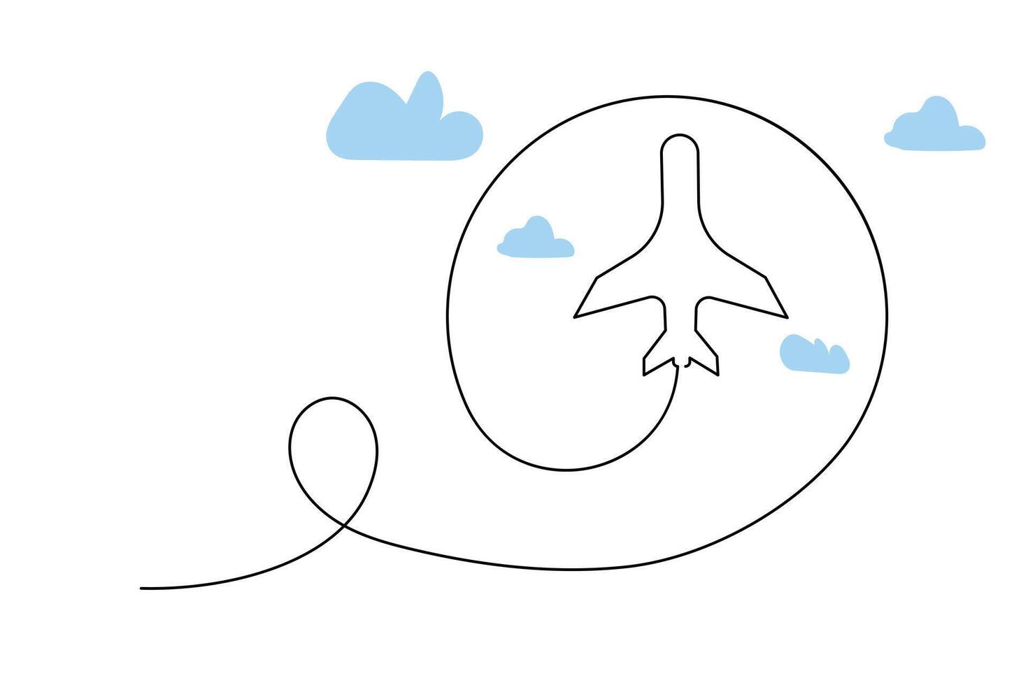 Continuous single-line airplane path on the clouds. And one-line world travel flight airline outline icon art vector