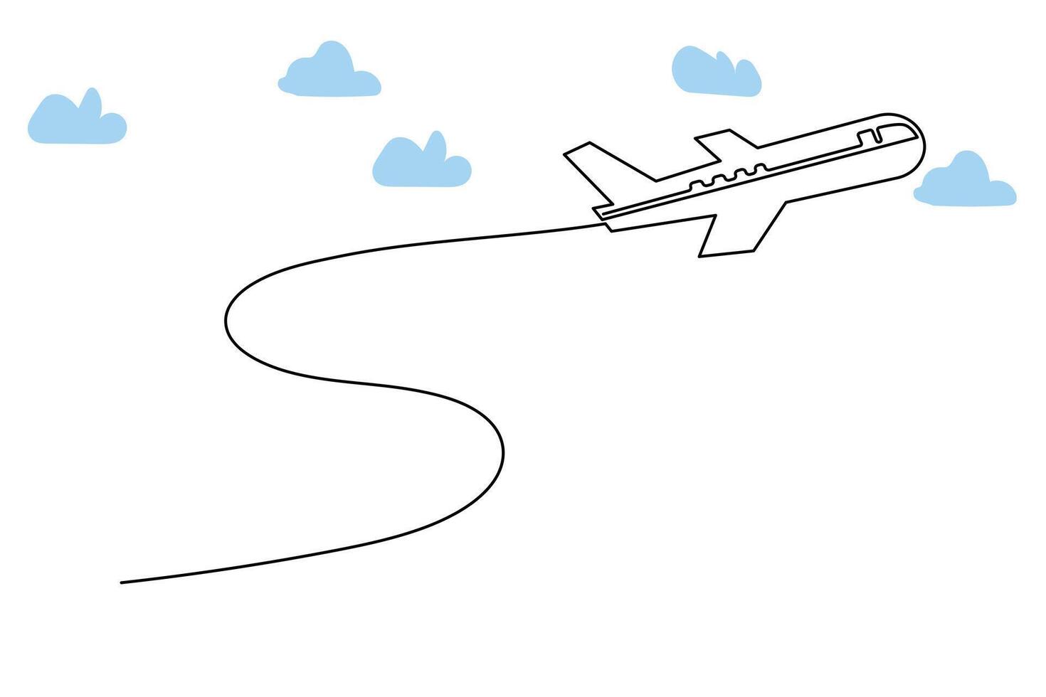 Continuous single-line airplane path on the clouds. And one-line world travel flight airline outline icon art vector