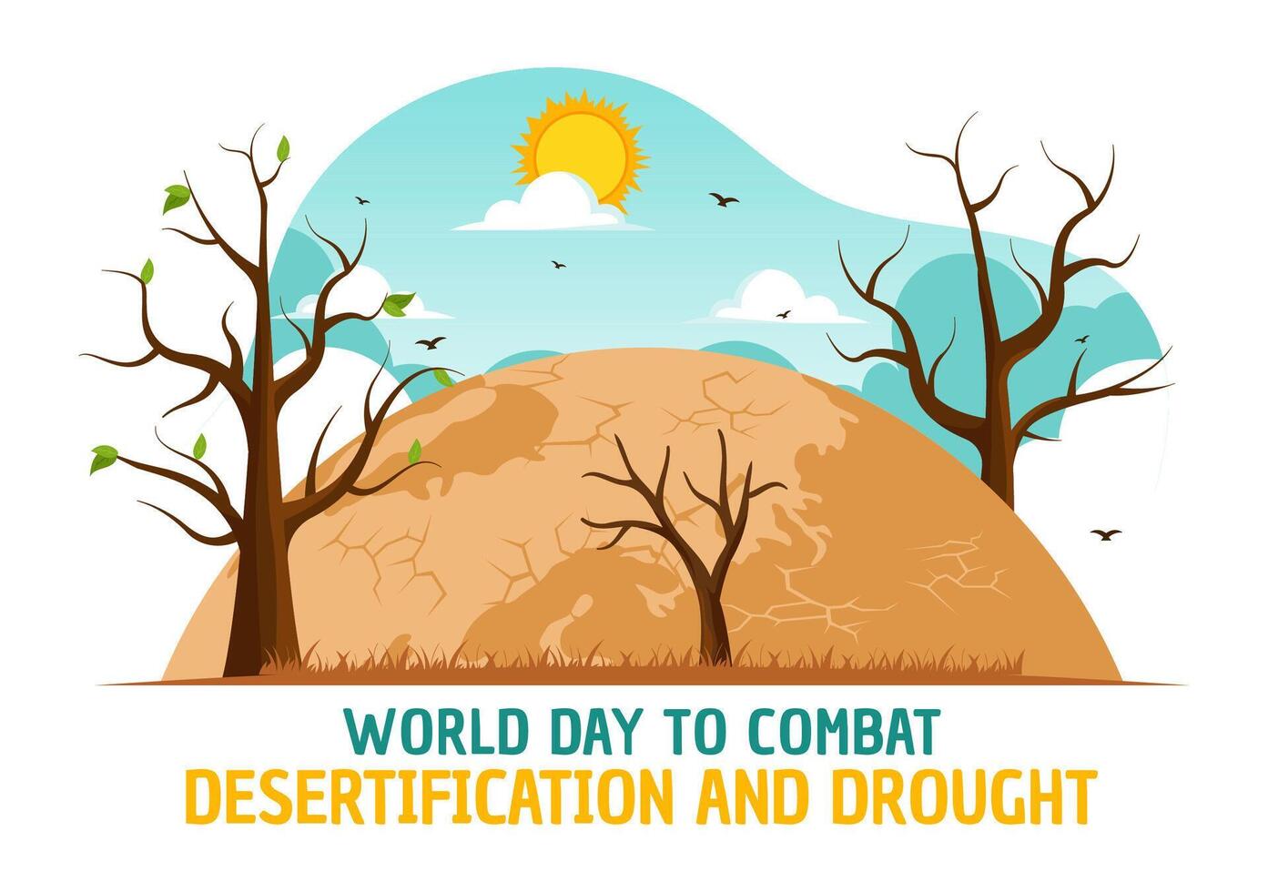 mundo día a combate desertificación y sequía vector ilustración con torneado el Desierto dentro fértil tierra y pastos en naturaleza plano antecedentes