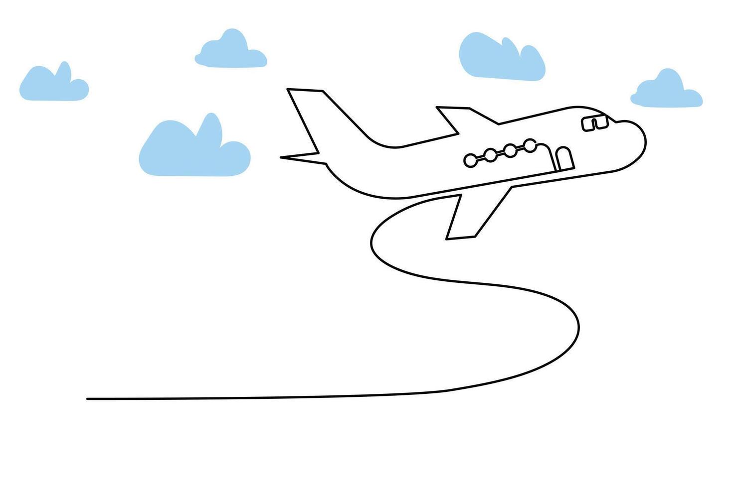 Continuous single-line airplane path on the clouds. And one-line world travel flight airline outline icon art vector