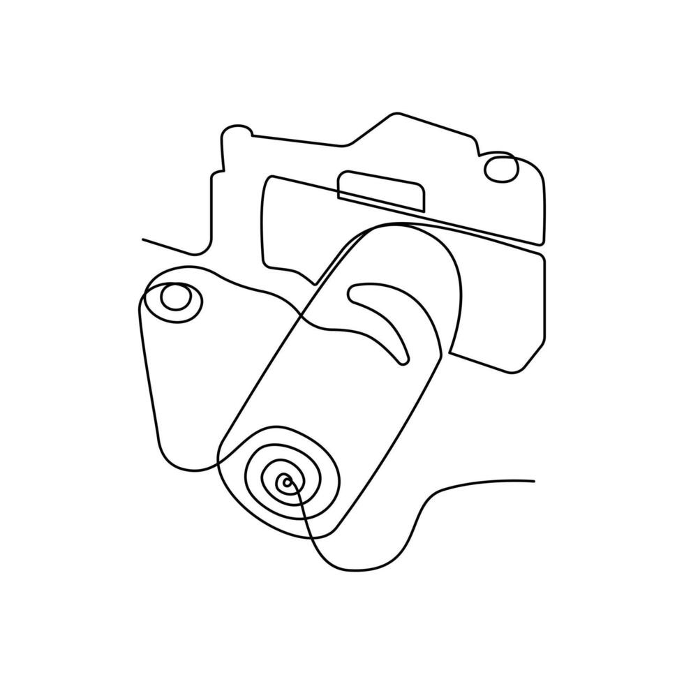 Continuous retro photo camera one-line vector art and outline DSLR mood HD camera illustration art