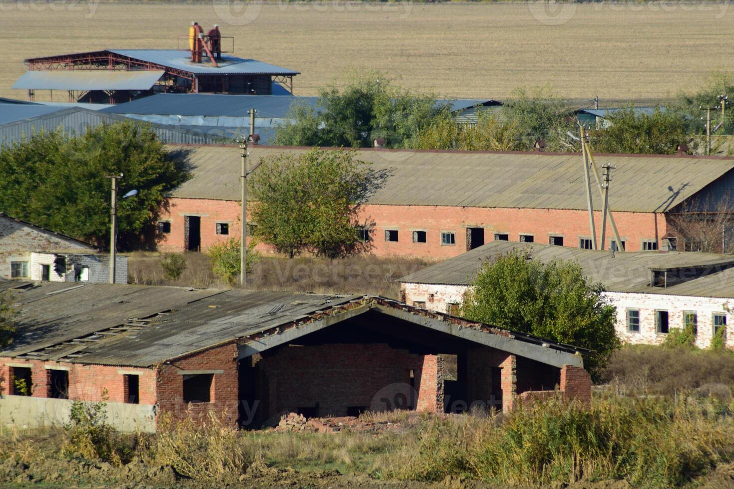 Old abandoned buildings of the former factory and warehouses. The destroyed essential oil plant. Soviet heritage. Old brick buildings. Settlement in the Kuban. photo