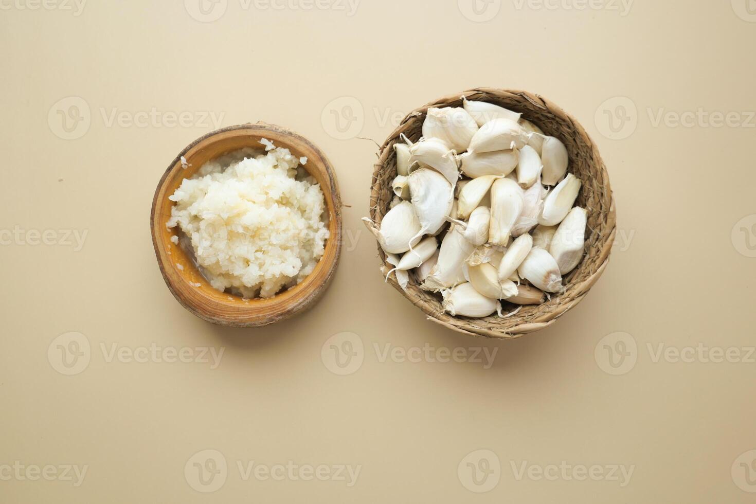 top view of minced garlic on color background photo