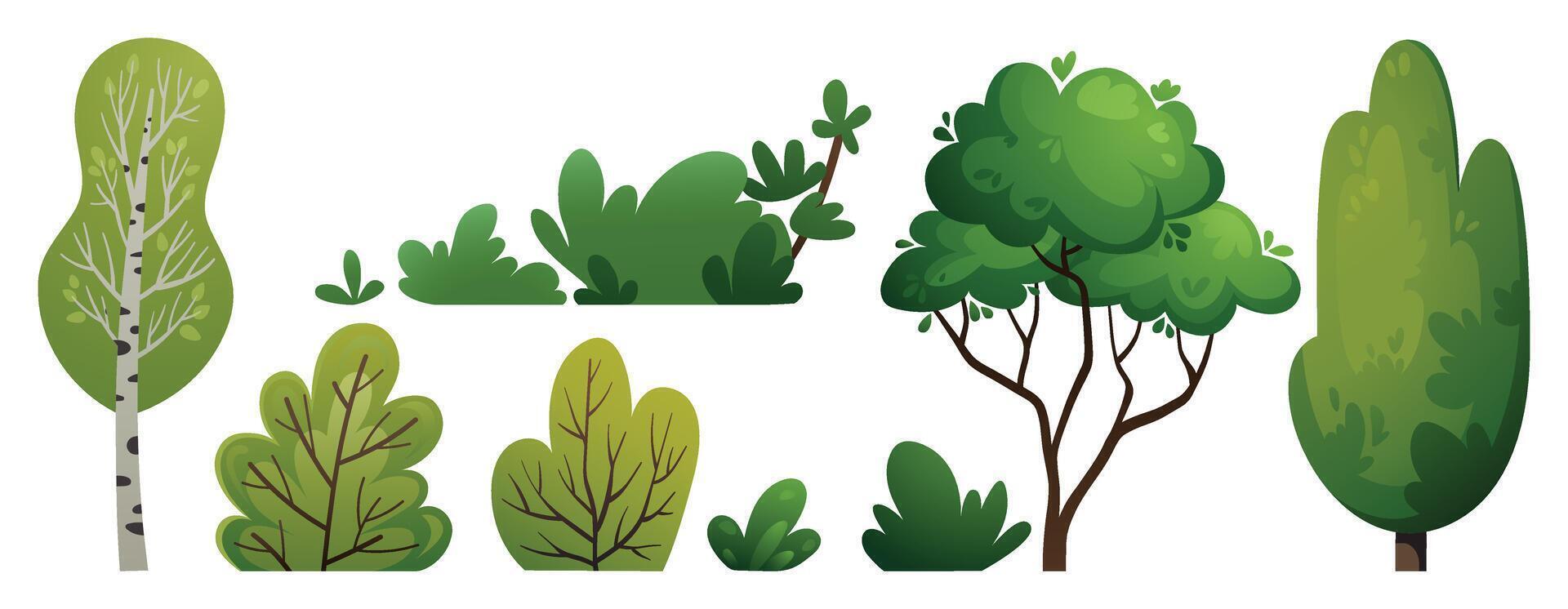 Green trees and bushes set. Forest, garden, or park landscape plants. Collection of spring or summer vegetation vector illustrations. Cartoon plants collection for banners, cards, covers, web design.