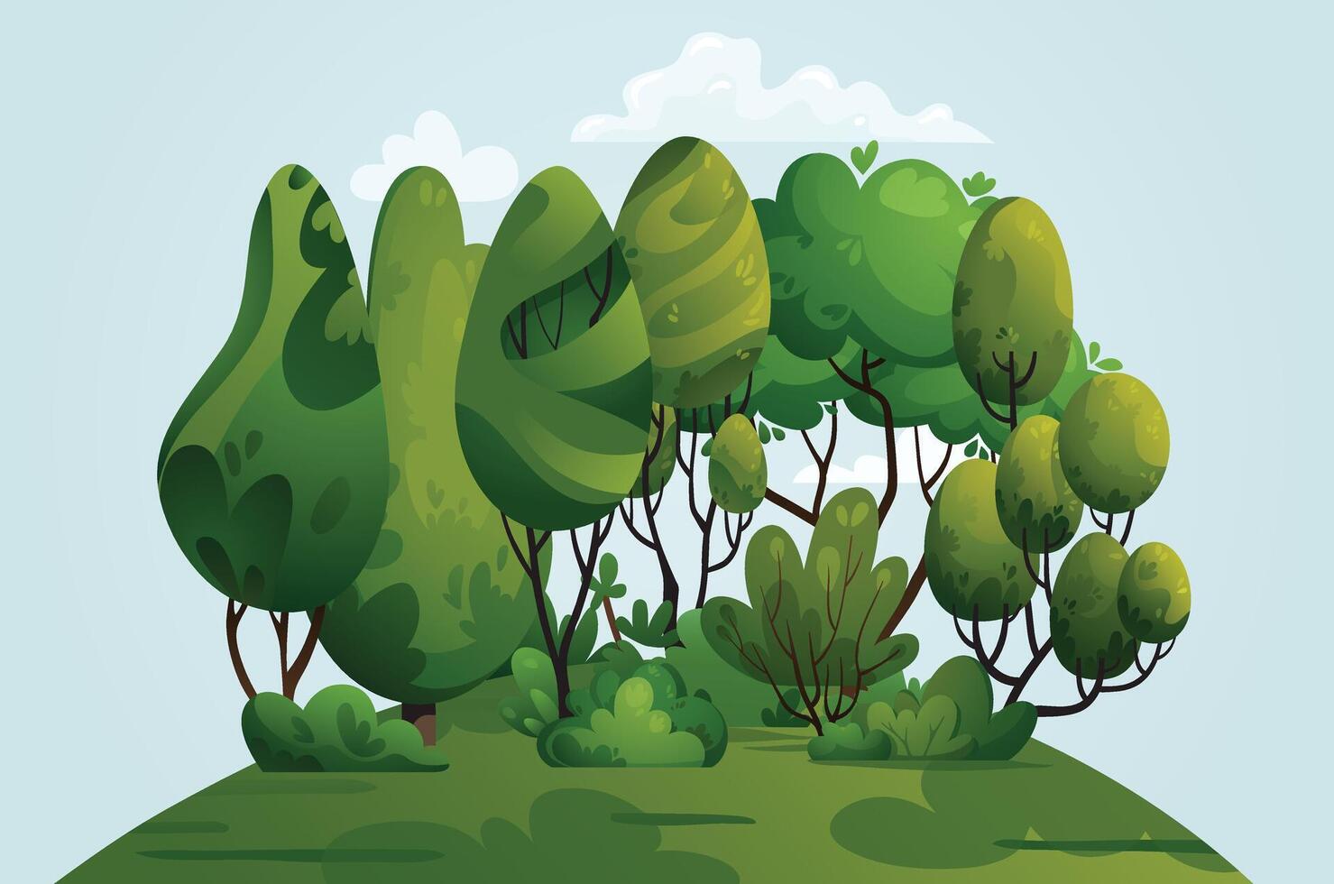 Summer nature landscape with hills, green trees, bushes, grass, meadow. Spring landscape with blue sky, clouds, forest, park, shrubs, trees in cartoon style. Woodland background vector illustration.