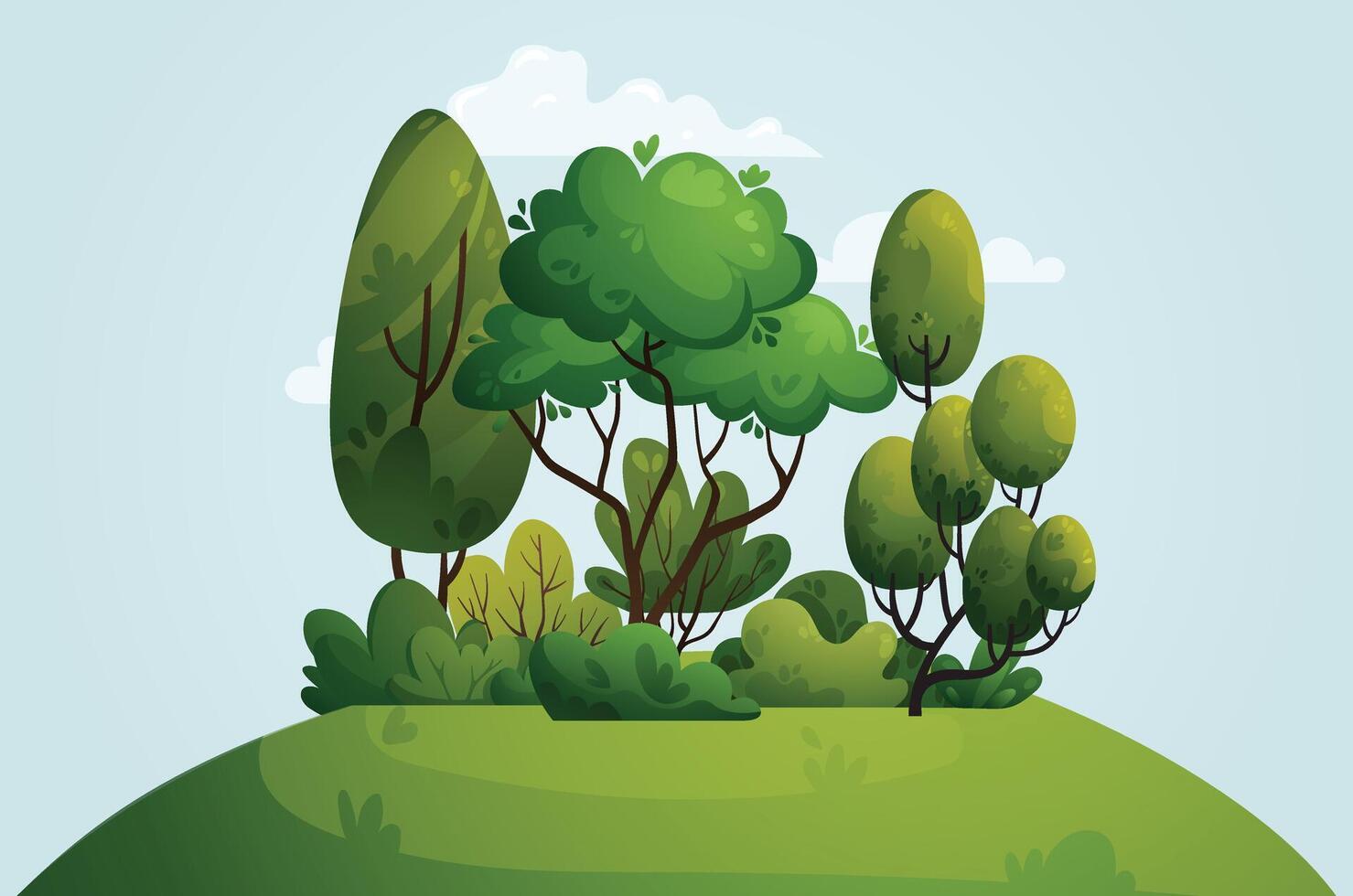 Summer nature landscape with hills, green trees, bushes, grass, meadow. Spring landscape with blue sky, clouds, forest, park, shrubs, trees in cartoon style. Woodland background vector illustration.