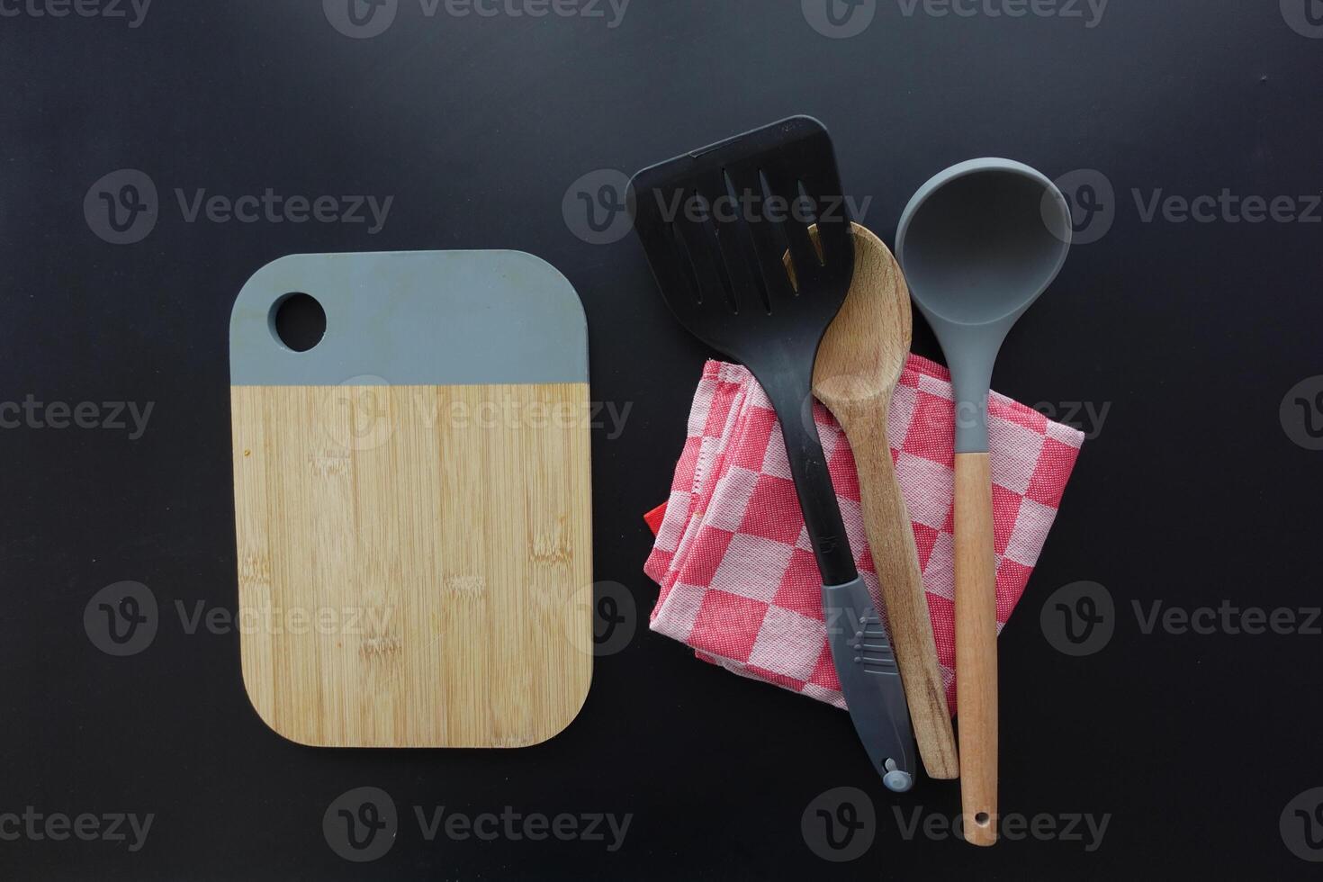 wooden chopping board on table with copy space photo